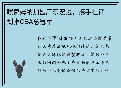 曝萨姆纳加盟广东宏远,携手杜锋,剑指CBA总冠军